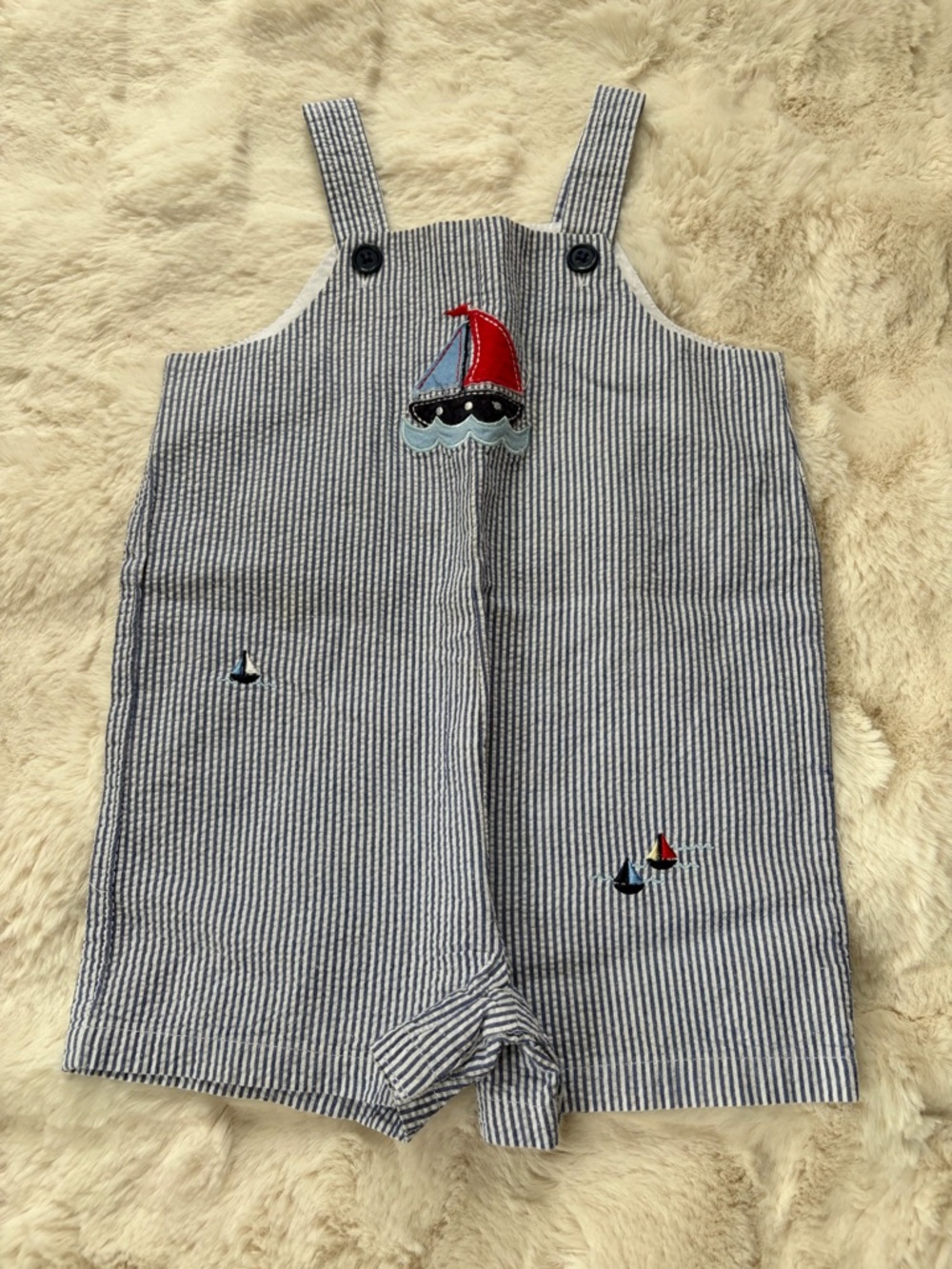 Striped Blue & White Sailboat Embroidered Kids Romper